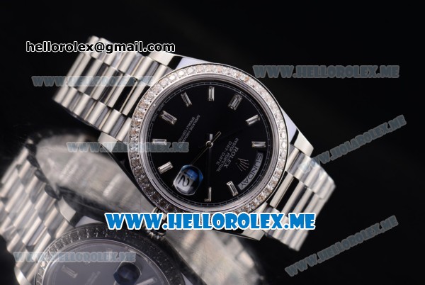 Rolex Day-Date Swiss ETA 2836 Automatic Stainless Steel Case/Bracelet with Black Dial and Stick Markers Diamonds Bezel (BP) - Click Image to Close